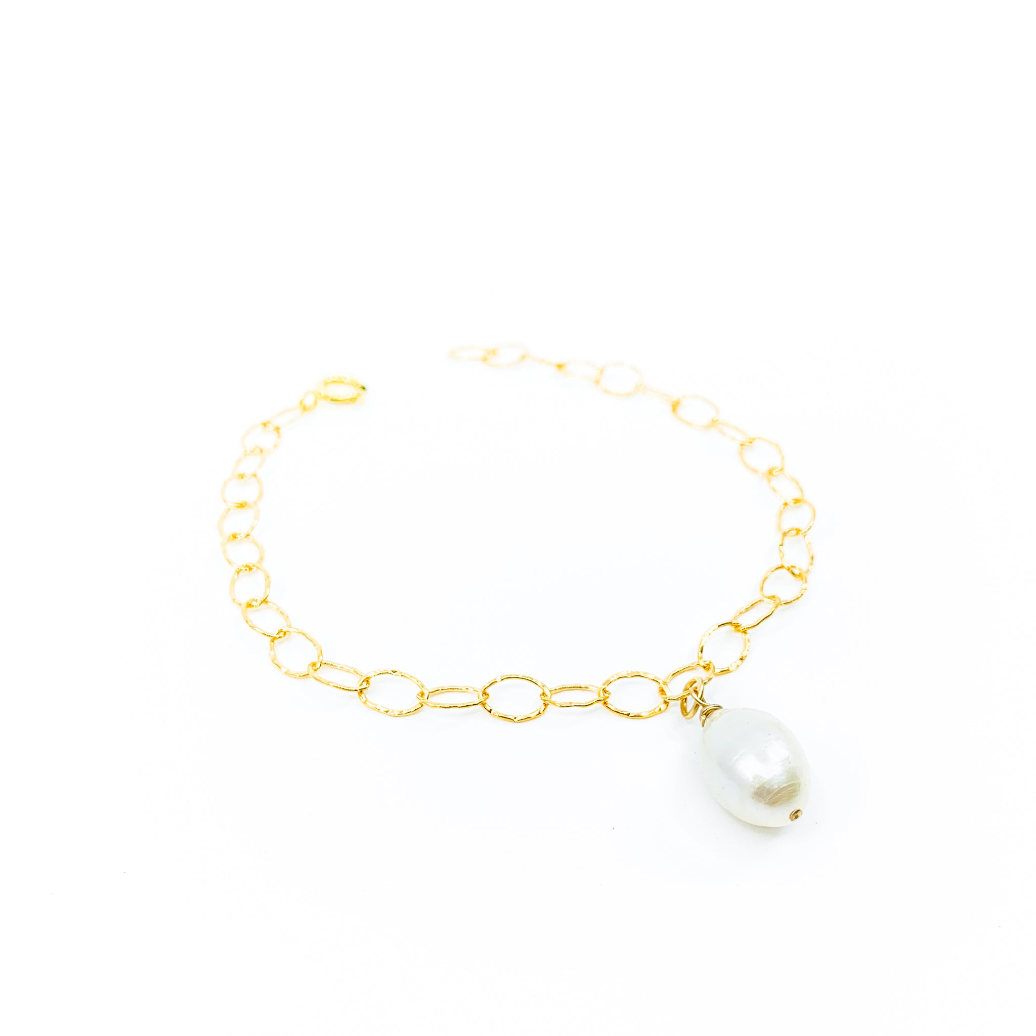 hammered gold chain white pearl charm bracelet by eve black jewelry made in Hawaii