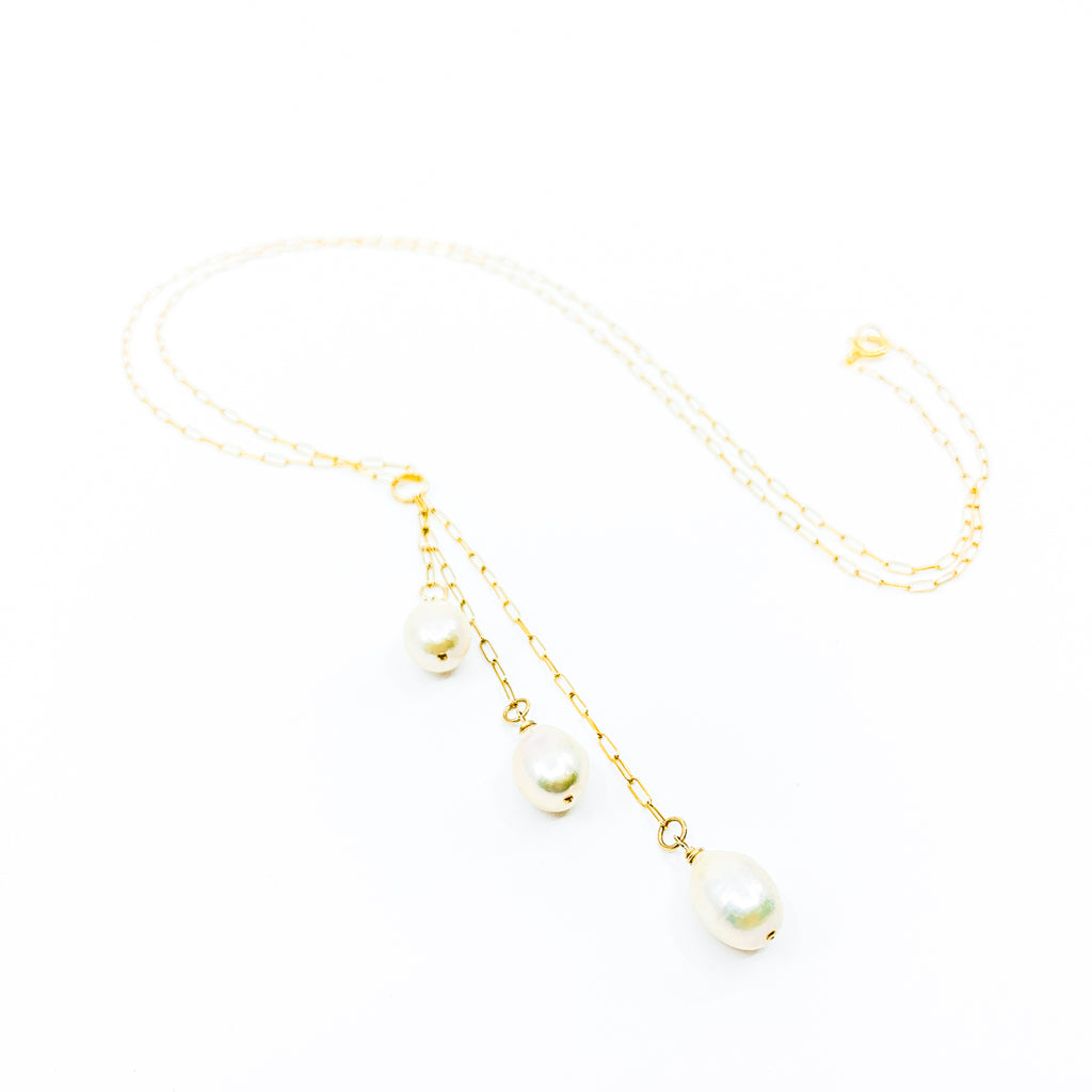 waterfall style gold necklace with 3 white pearls by eve black jewelry made in Hawaii  Edit alt text
