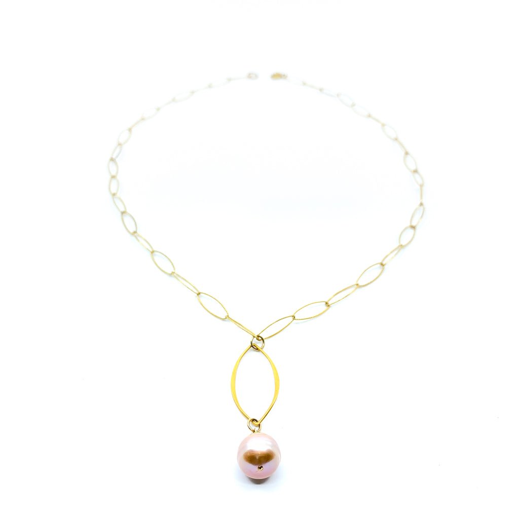 gold marquee chain natural pink pearl necklace by eve black jewelry made in Hawaii