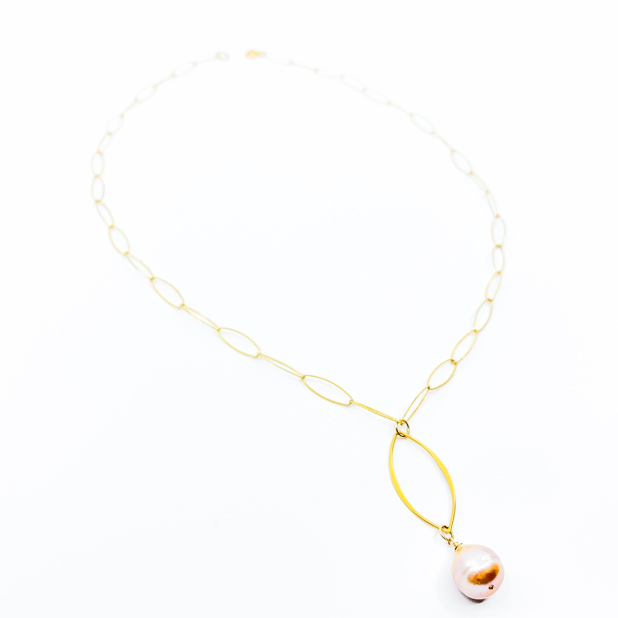 gold marquee chain natural pink pearl necklace by eve black jewelry made in Hawaii