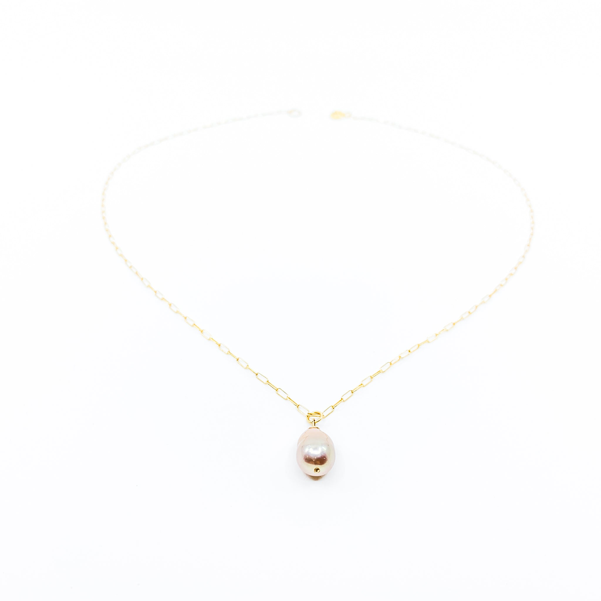 simple gold chain natural color pink baroque pearl necklace by eve black jewelry made in Hawaii  Edit alt text