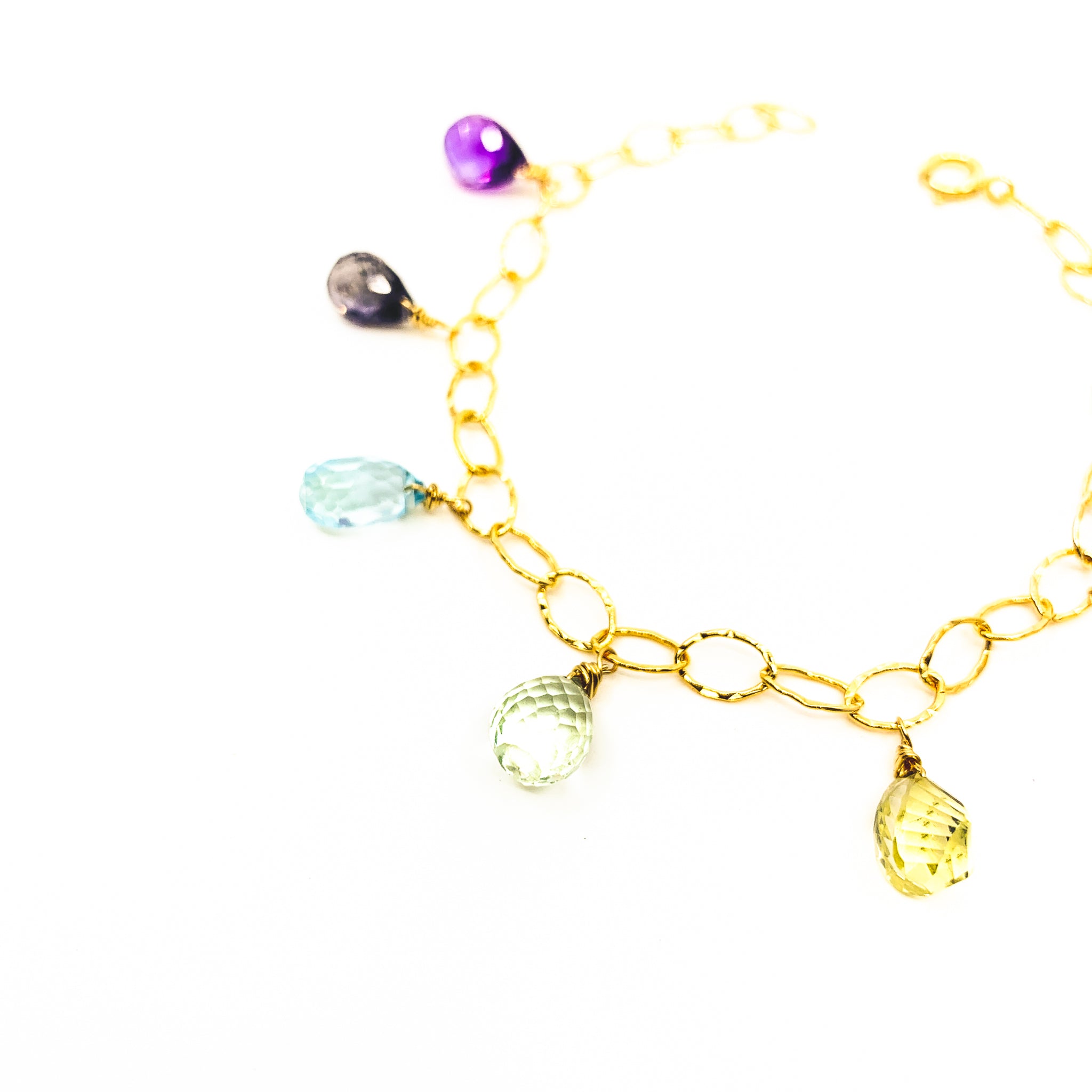 rainbow gemstones gold charm bracelet by eve black jewelry made in Hawaii