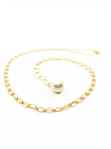 white pearl long gold chain necklace by eve black jewelry made in Hawaii