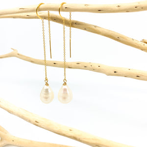 white pearl threader chain style earrings by eve black jewelry made in Hawaii  Edit alt text