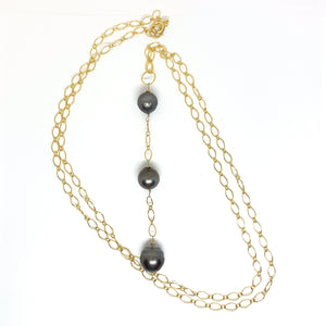 3 Tahitian pearls long 14 karat gold fill necklace eve black jewelry hawaii
