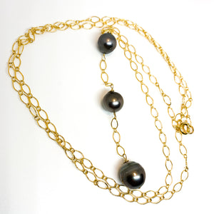 3 Tahitian Pearl long 14 karat gold fill necklace eve black jewelry hawaii