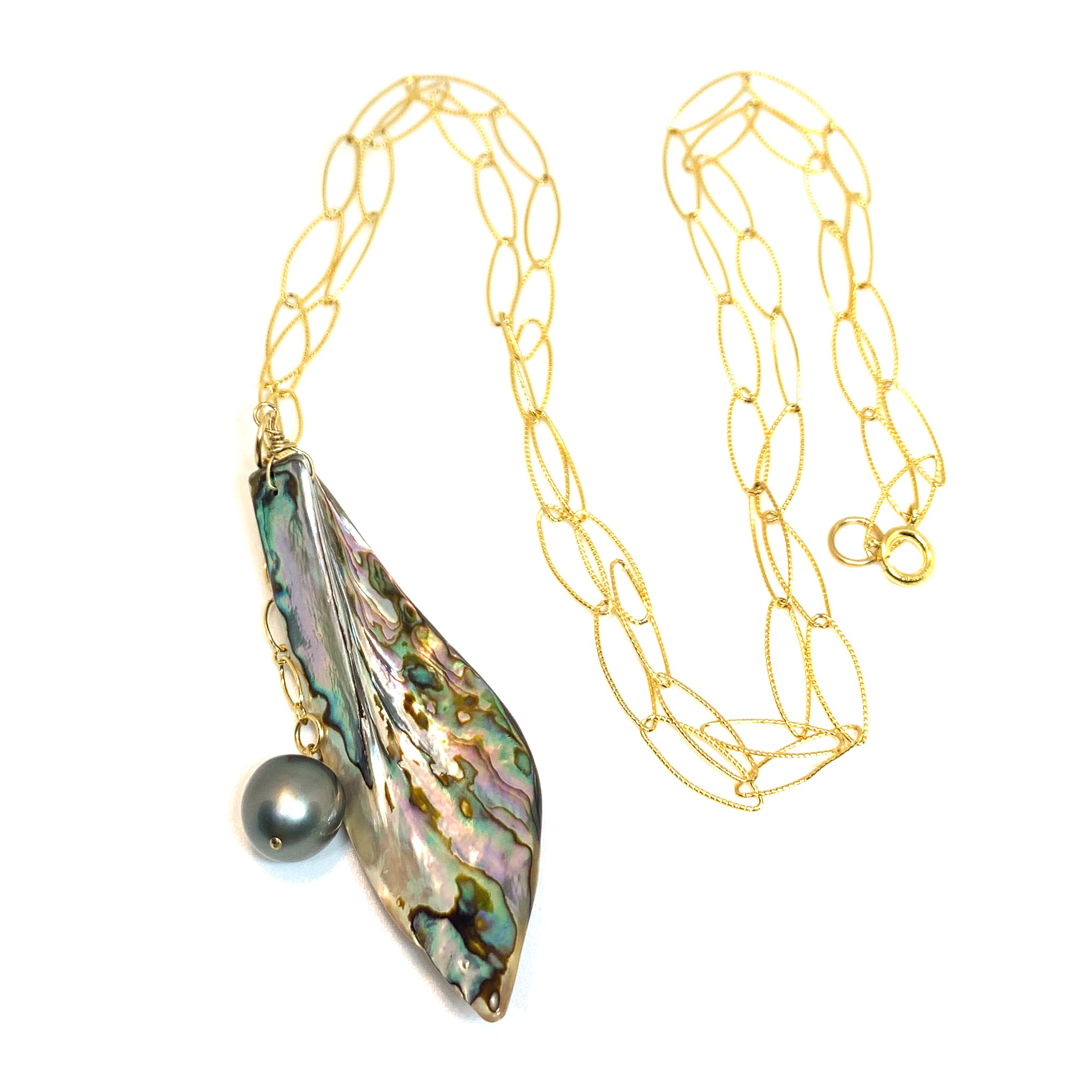 Tahitian Pearl Abalone Shell long necklace 14 karat gold fill eve black jewelry Hawaii