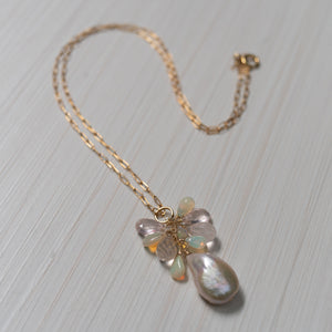 Baroque pink Pearl with Opals necklace , handmade in Hawaii by Eve Black  Edit alt text
