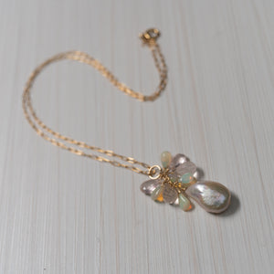 Baroque pink Pearl with Opals necklace , handmade in Hawaii by Eve Black  Edit alt text