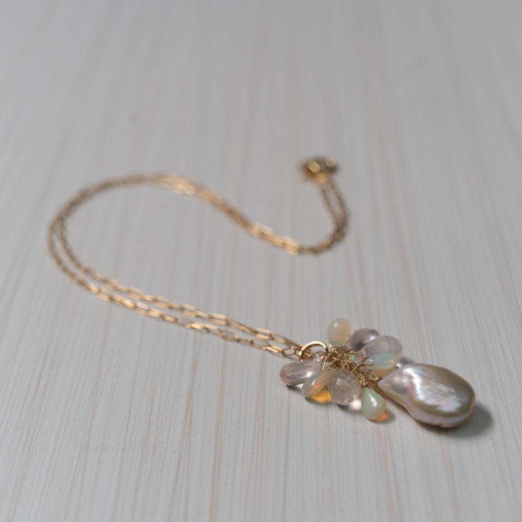 Baroque pink Pearl with Opals necklace , handmade in Hawaii by Eve Black