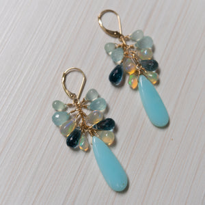 peruvian opal & blue gems 14k gold earrings, handmade in Hawaii , by eve black jewelry  