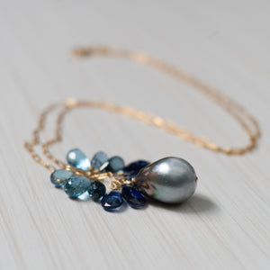 tahitian pearl blue gemstones kyanite london topaz necklace, handmade in hawaii, by eve black jewelry  