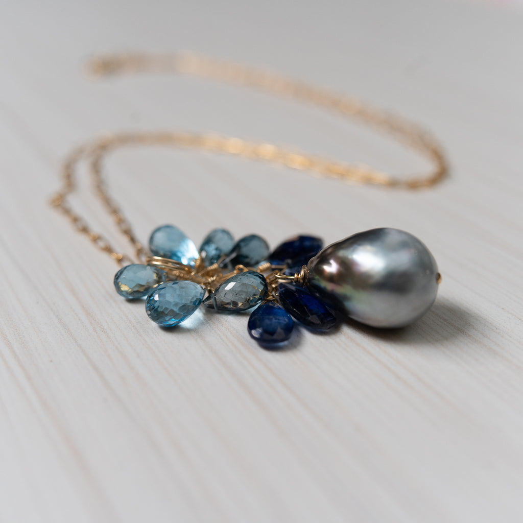 tahitian pearl blue gemstones kyanite london topaz necklace, handmade in hawaii, by eve black jewelry