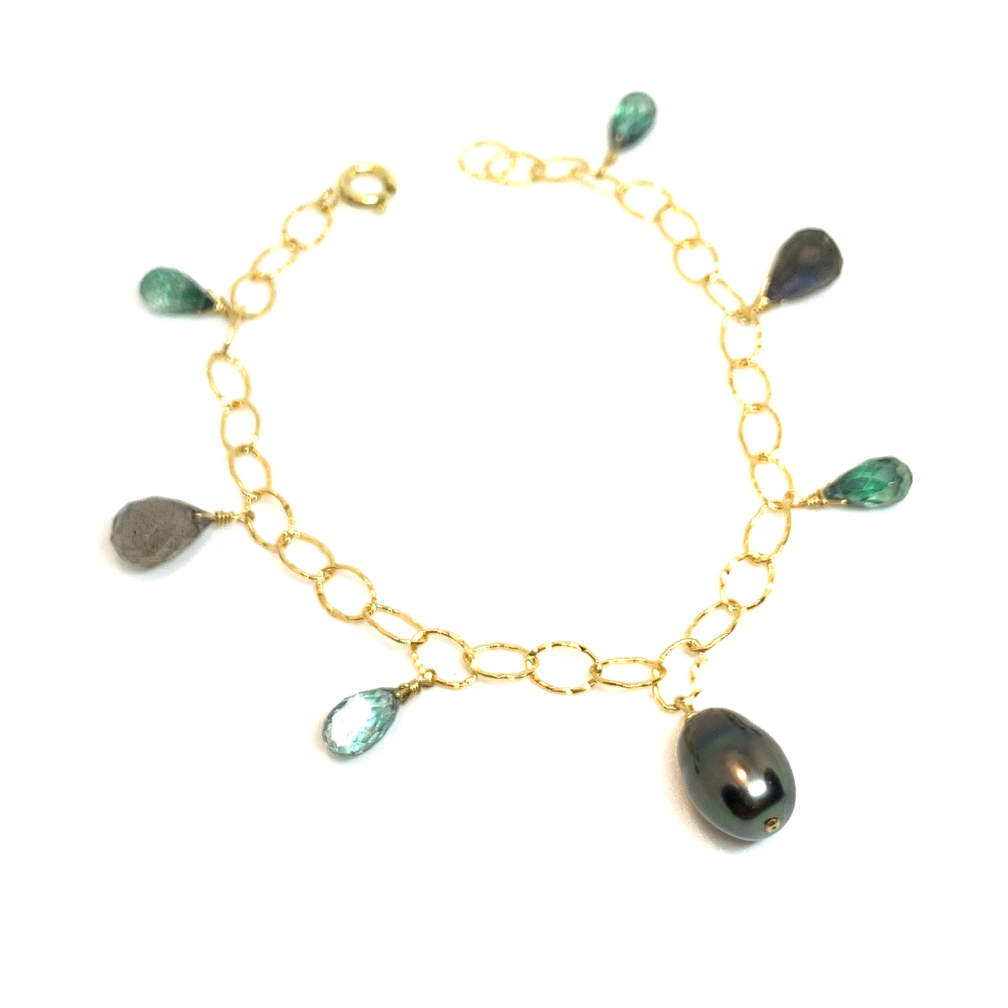 Tahitian pearl green gemstones bracelet by eve black jewelry handmade in Hawaii