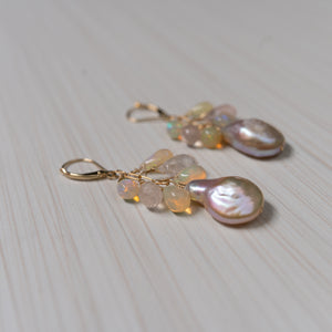 baroque pink pearls and opals 14k gold earrings, handmade in Hawaii , by eve black jewelry
