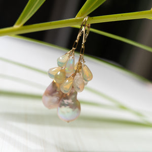 baroque pink pearls and opals 14k gold earrings, handmade in Hawaii , by eve black jewelry  