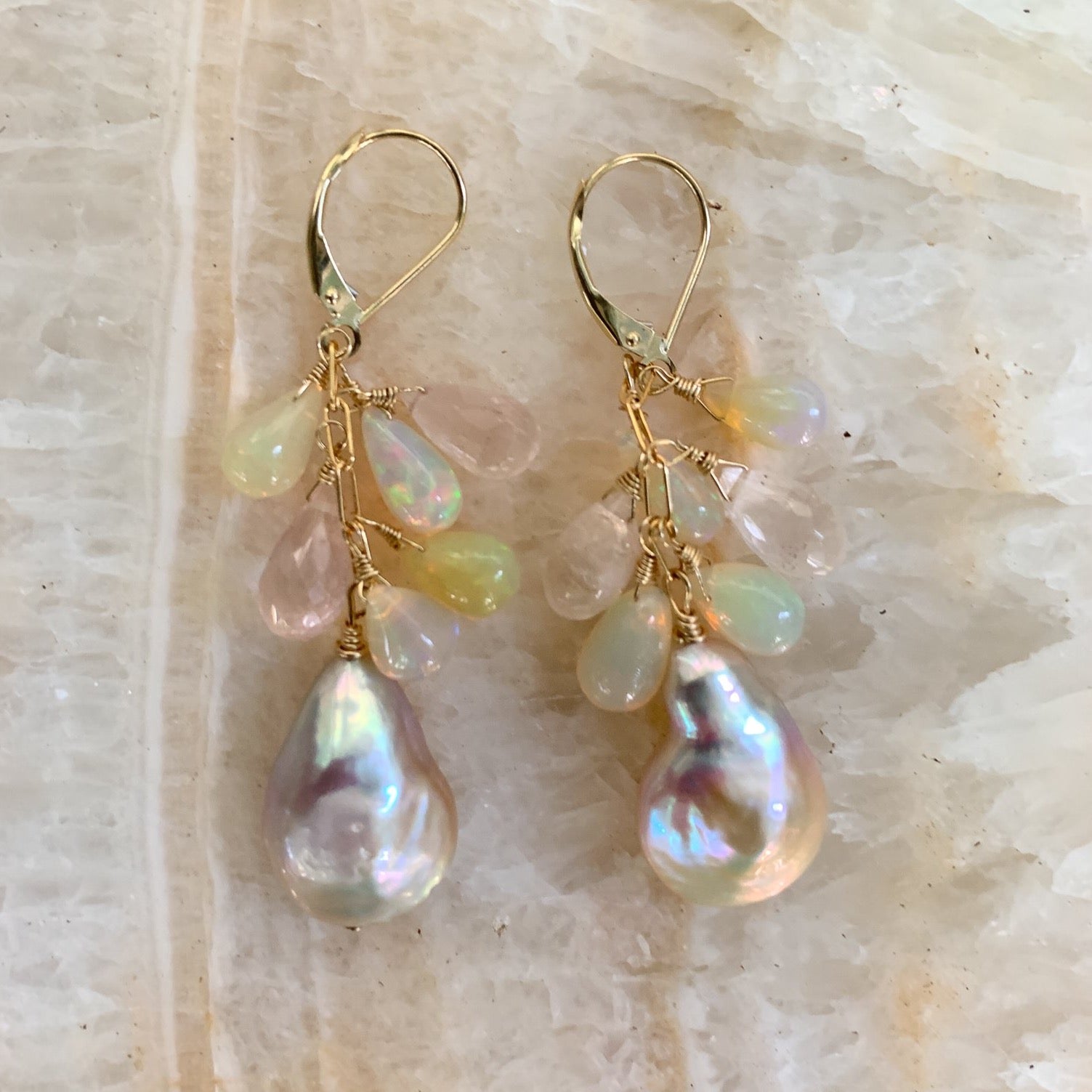 baroque pink pearls and opals 14k gold earrings, handmade in Hawaii , by eve black jewelry  