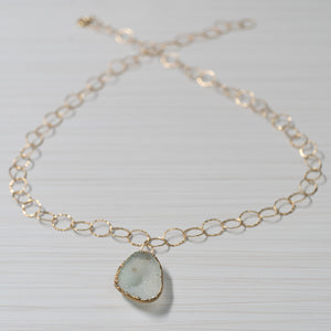 Blue druzy on gold chain necklace handmade in Hawaii by eve black jewelry