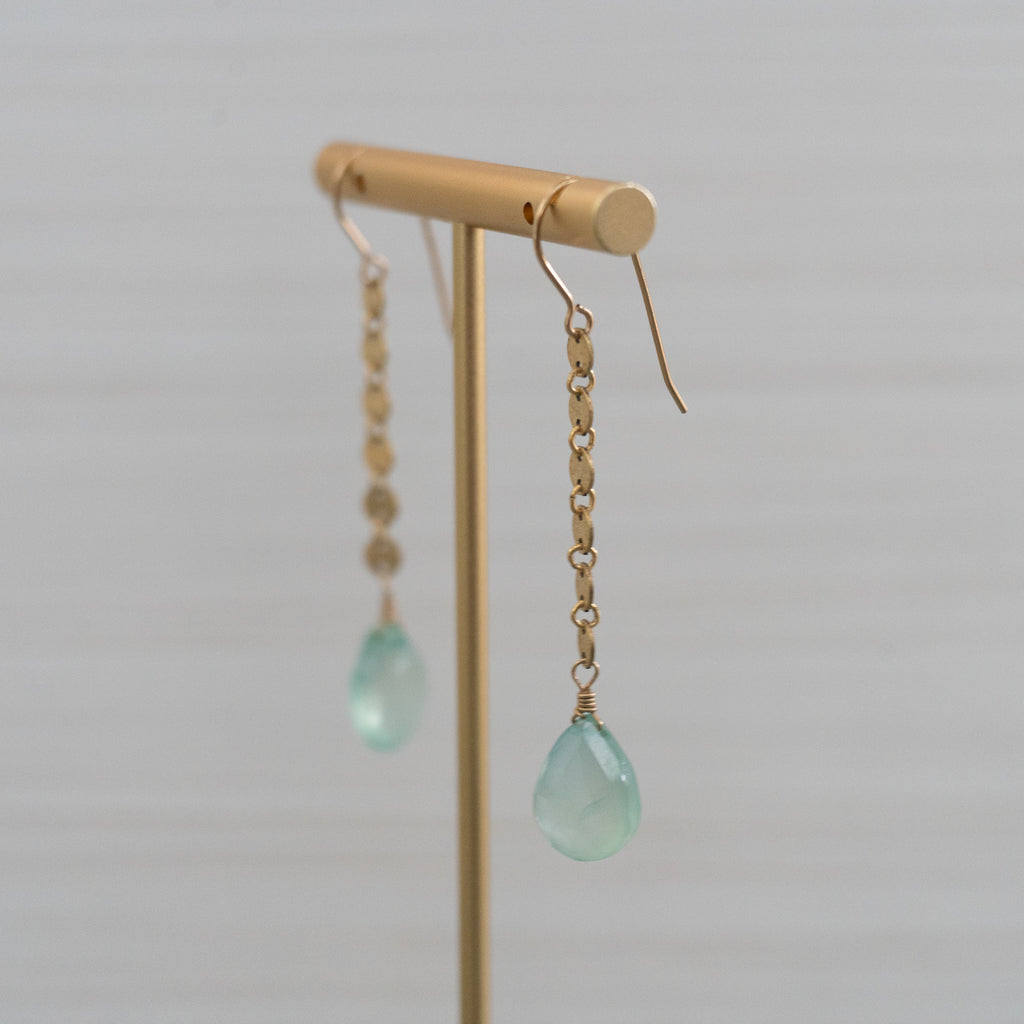 blue gemstones disc chain gold earrings  Edit alt text
