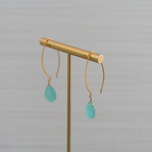 blue gemstone long hook gold earrings