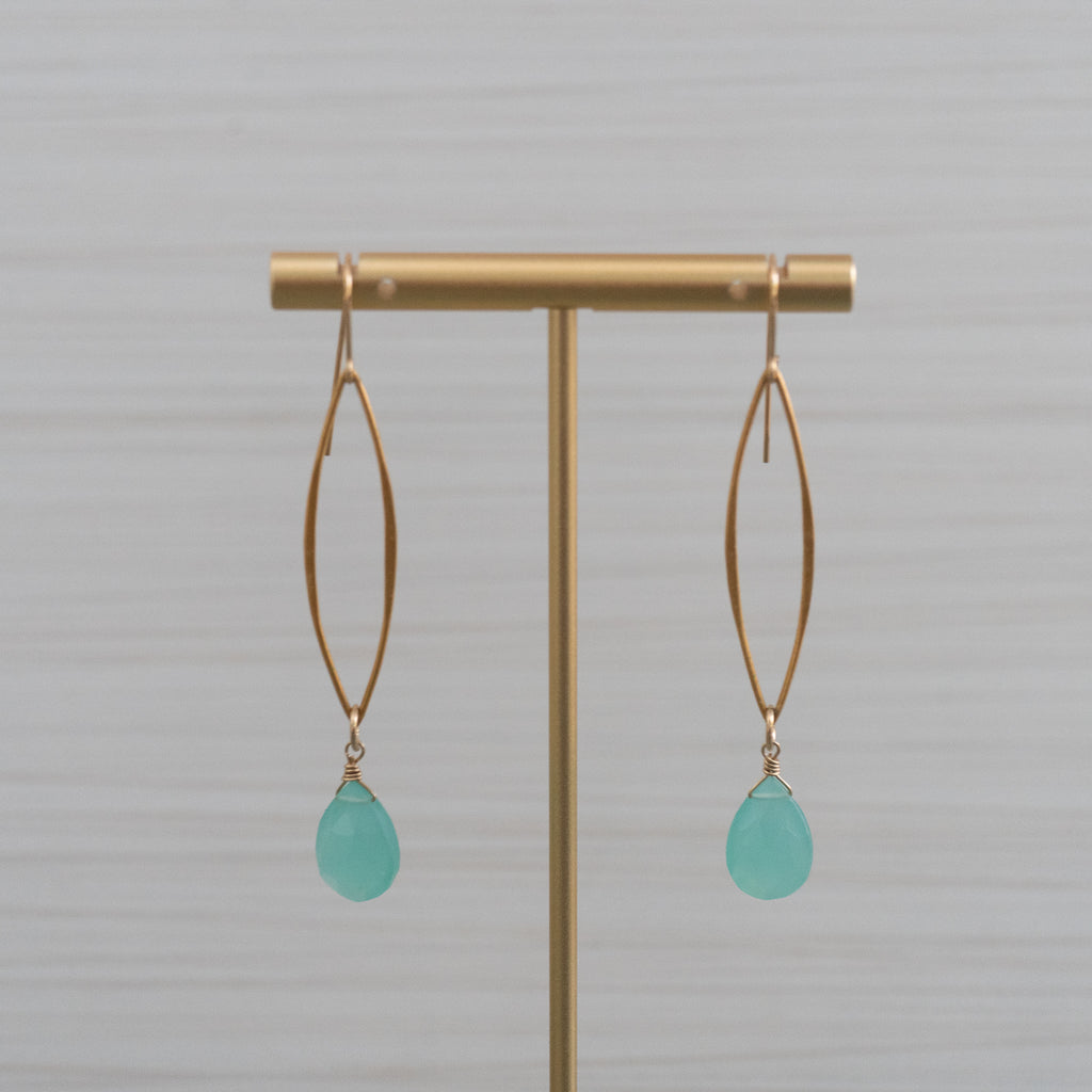 blue gemstones long marquee gold earrings  Edit alt text