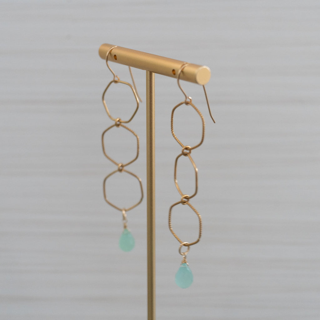 blue gemstones octagonal shape gold earrings