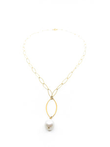 white pearl gold marquee chain necklace by eve black jewelry made in Hawaii
