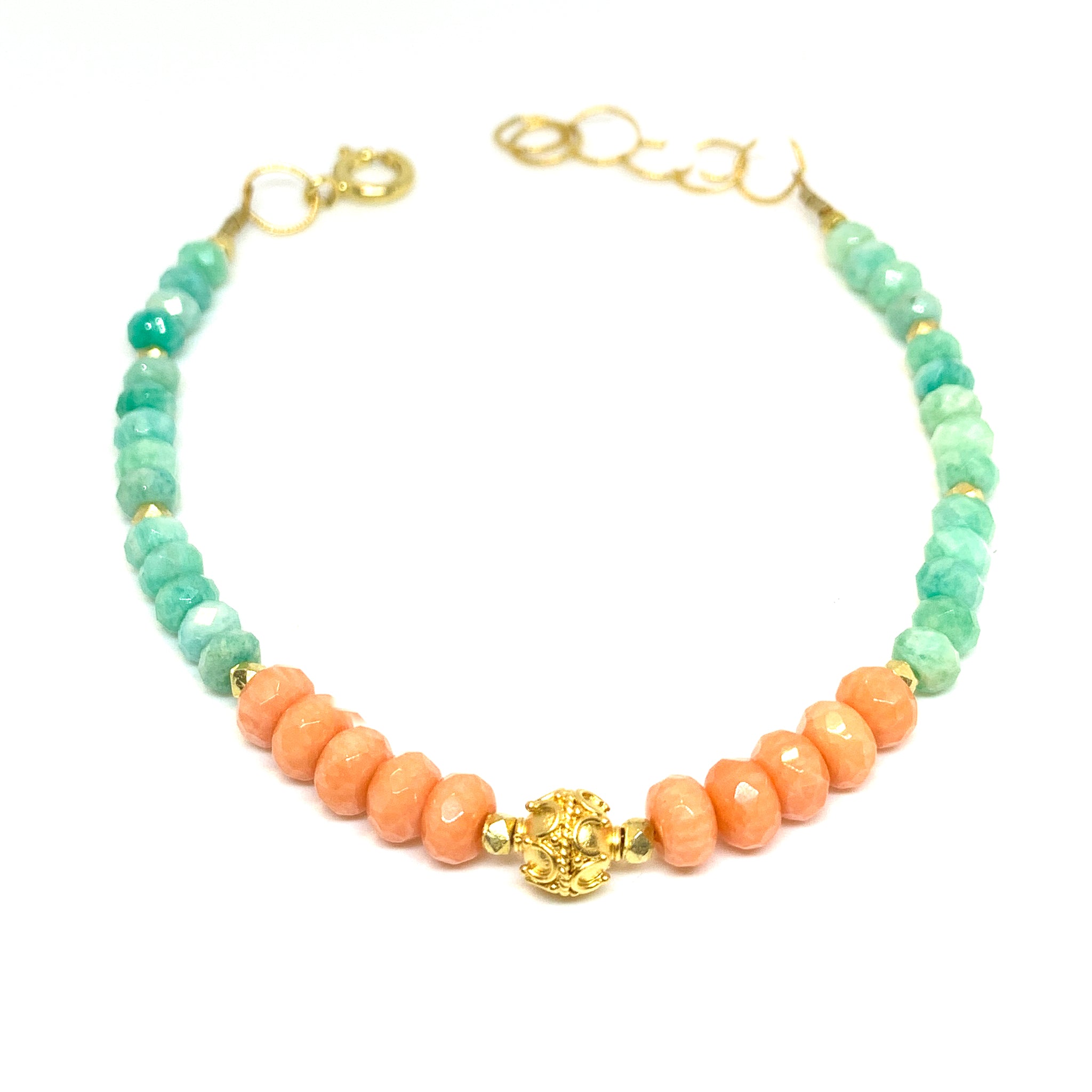 bracelet with facetted coral and amazonite with 14 karat gold fill and vermeil bead, by eve black jewelry, Hawaii