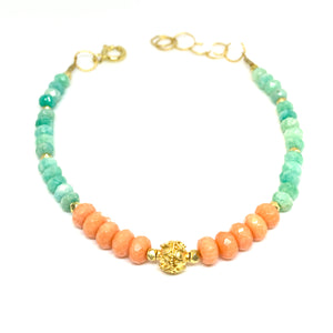 bracelet with facetted coral and amazonite with 14 karat gold fill and vermeil bead, by eve black jewelry, Hawaii