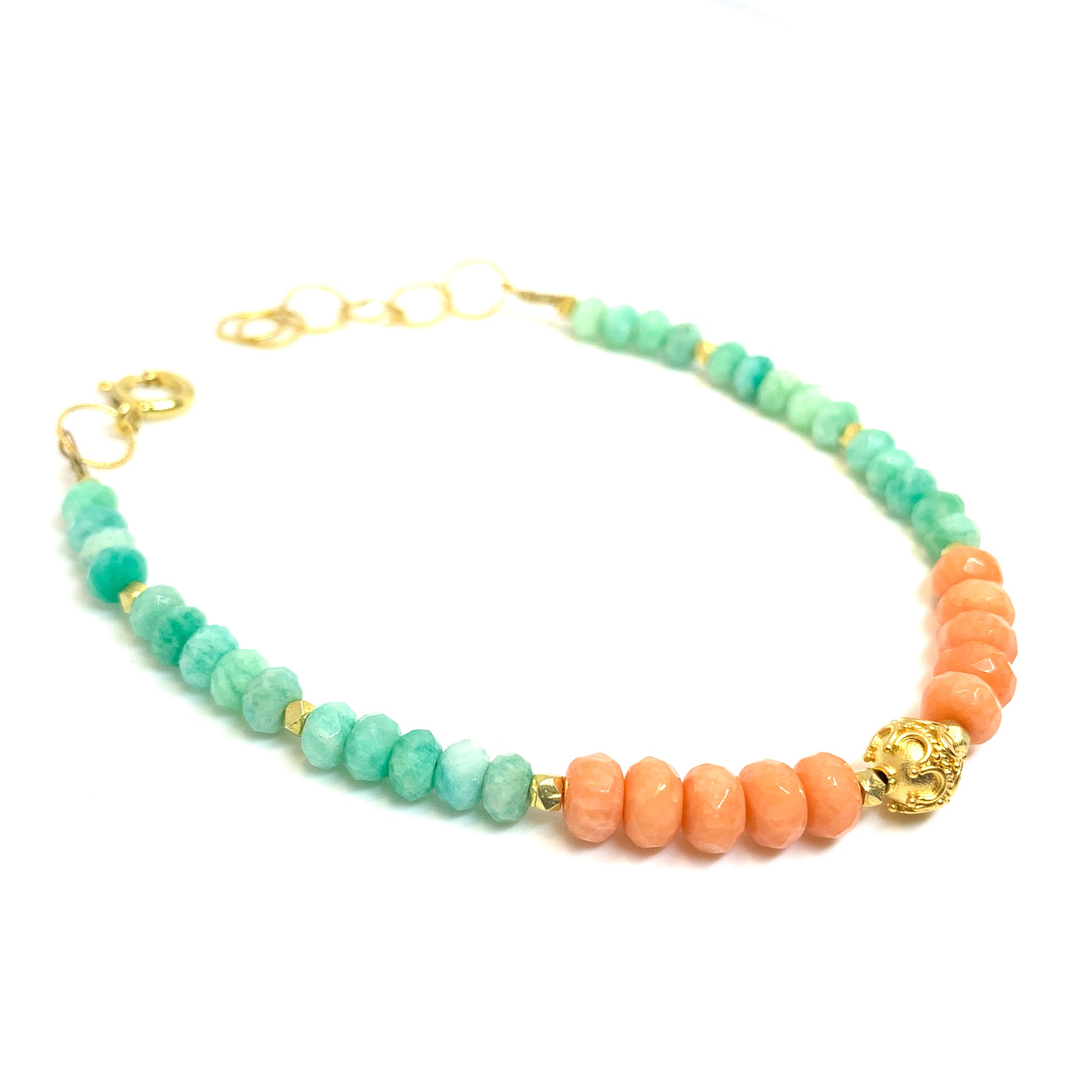bracelet with facetted coral and amazonite , with 14 karat gold fill and vermeil bead, by eve black jewelry, Hawaii