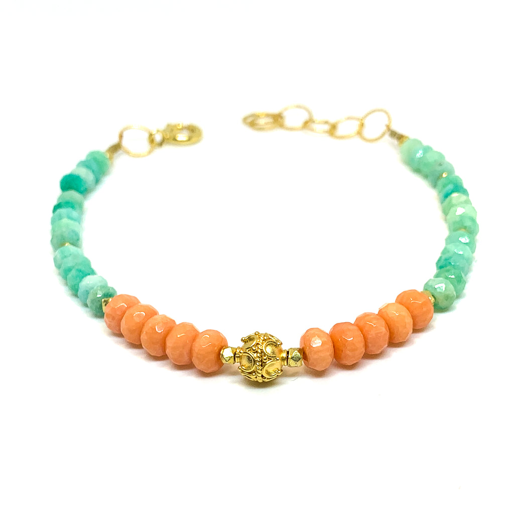 bracelet with facetted coral and amazonite , 14 karat gold fill and vermeil bead by eve black jewelry , Hawaii