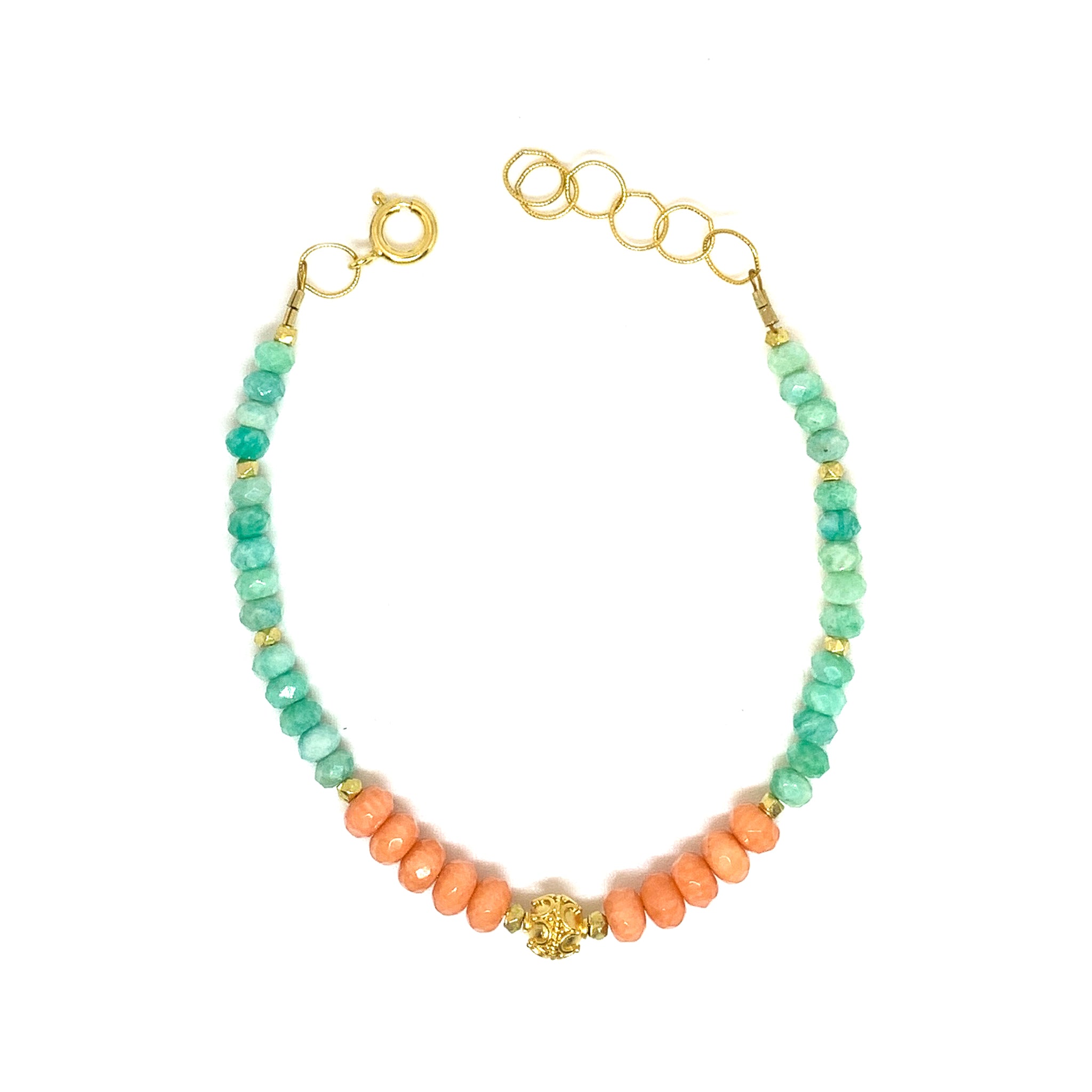 bracelet with facetted coral and amazonite, 14 karat gold fill with vermeil bead, by eve black jewelry , Hawaii