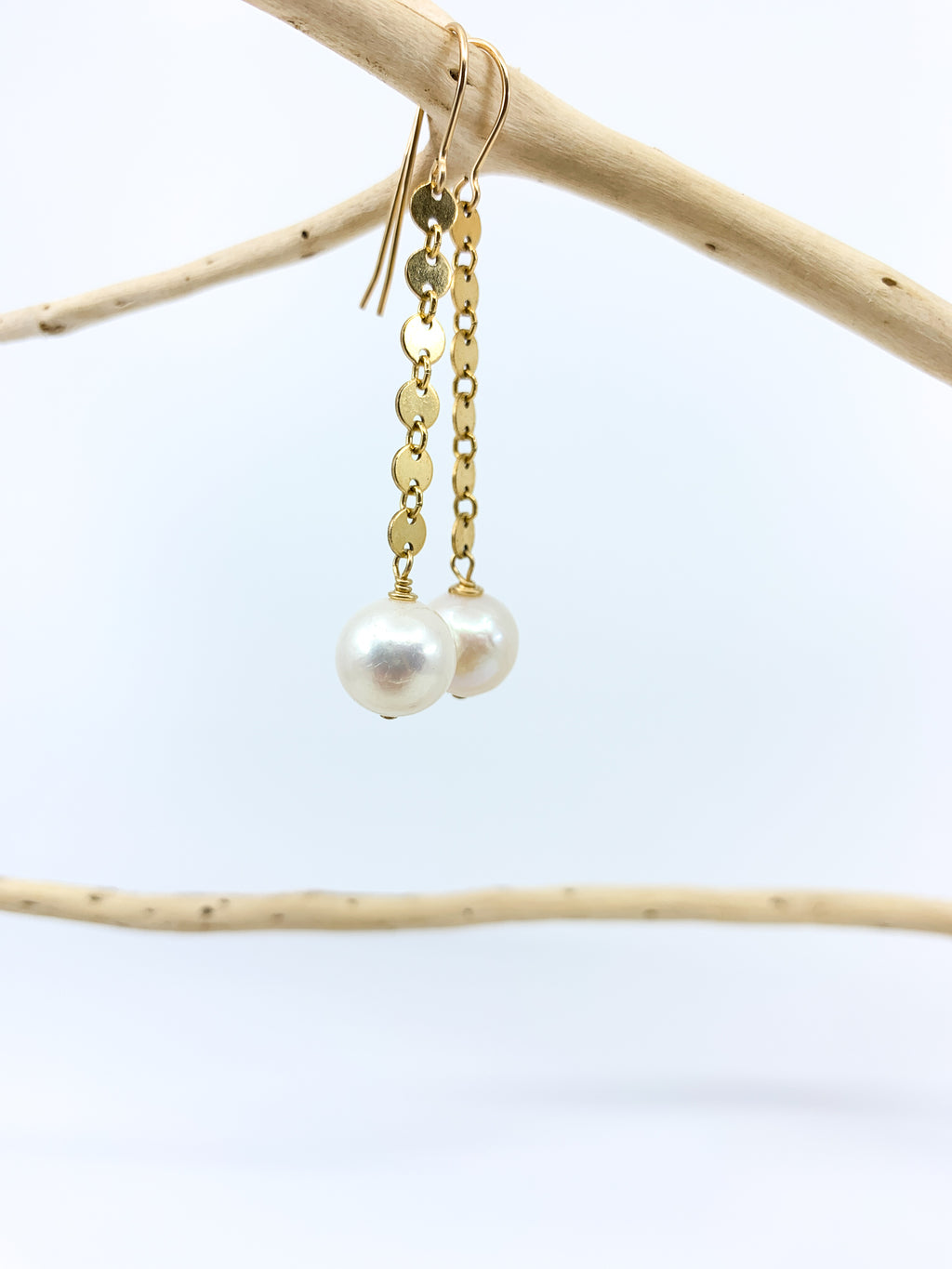 white pearls with gold fill chain earrings by eve black jewelry made in Hawaii