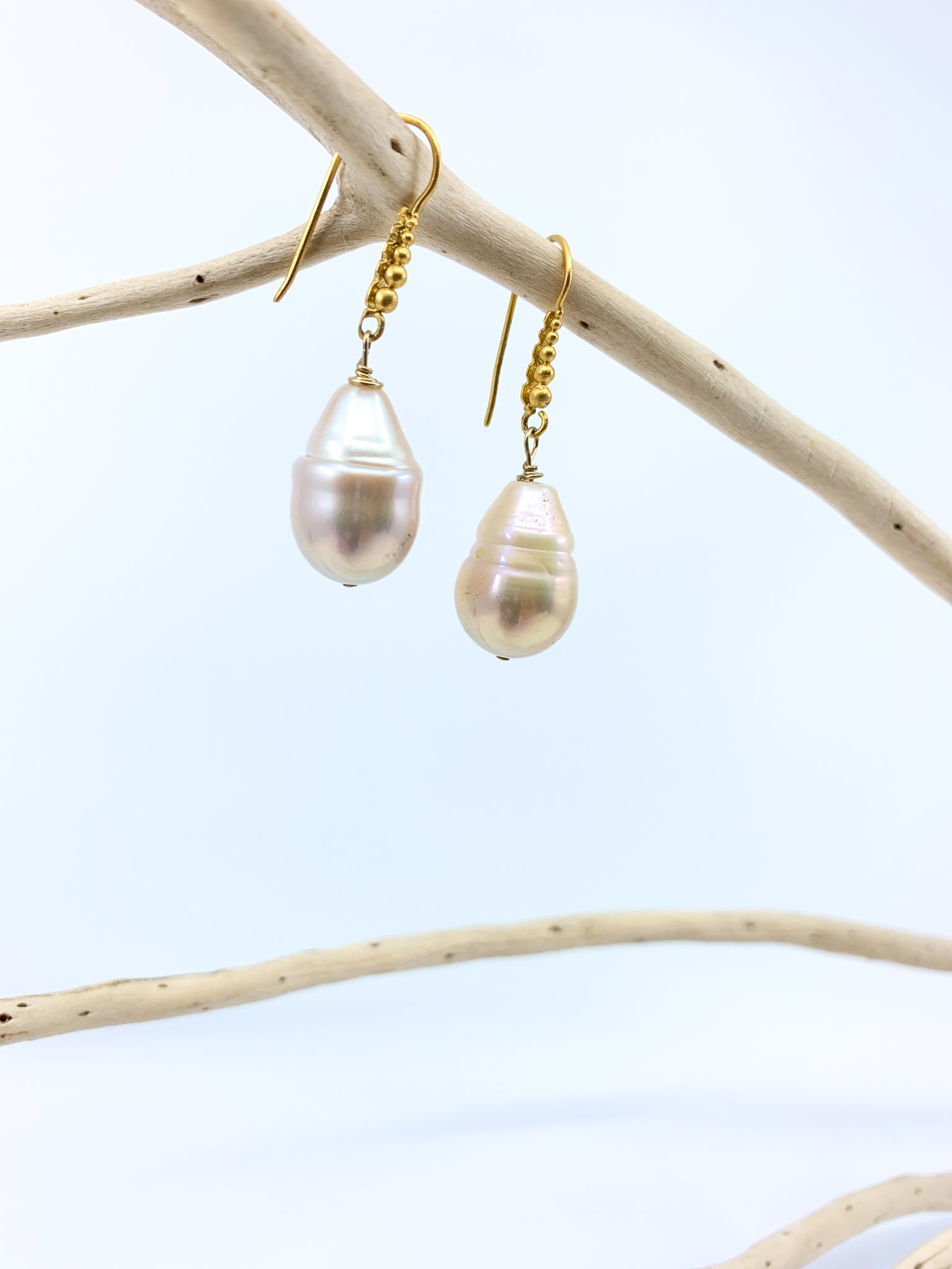 baroque natural color freshwater pearl granulated mat gold earrings by eve black jewelry Hawaii