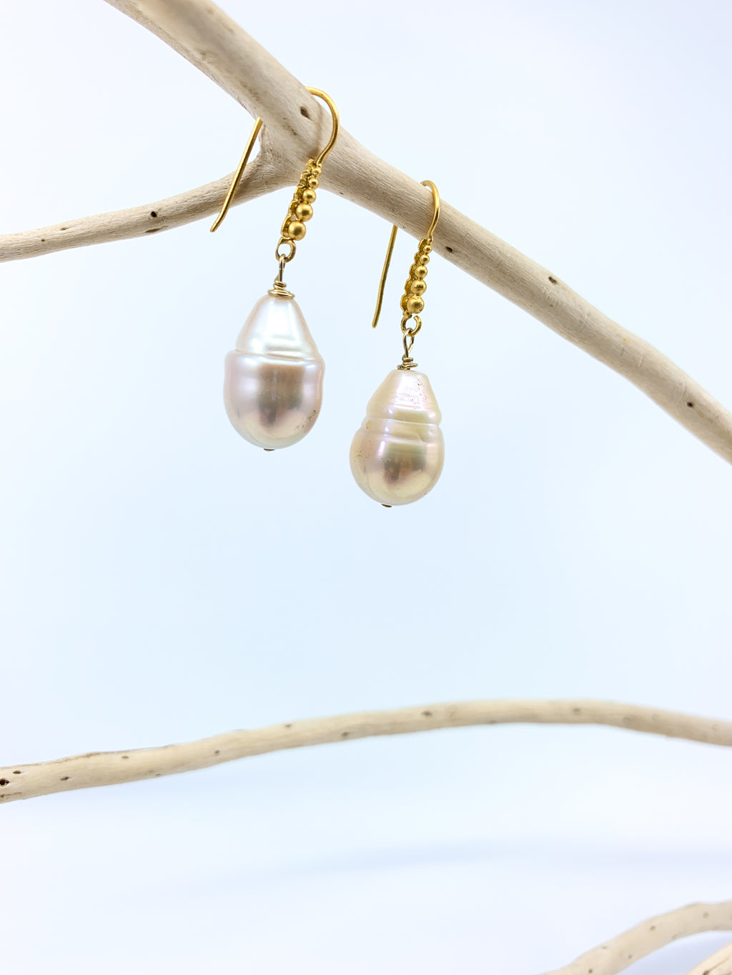 baroque natural color freshwater pearl granulated mat gold earrings by eve black jewelry Hawaii
