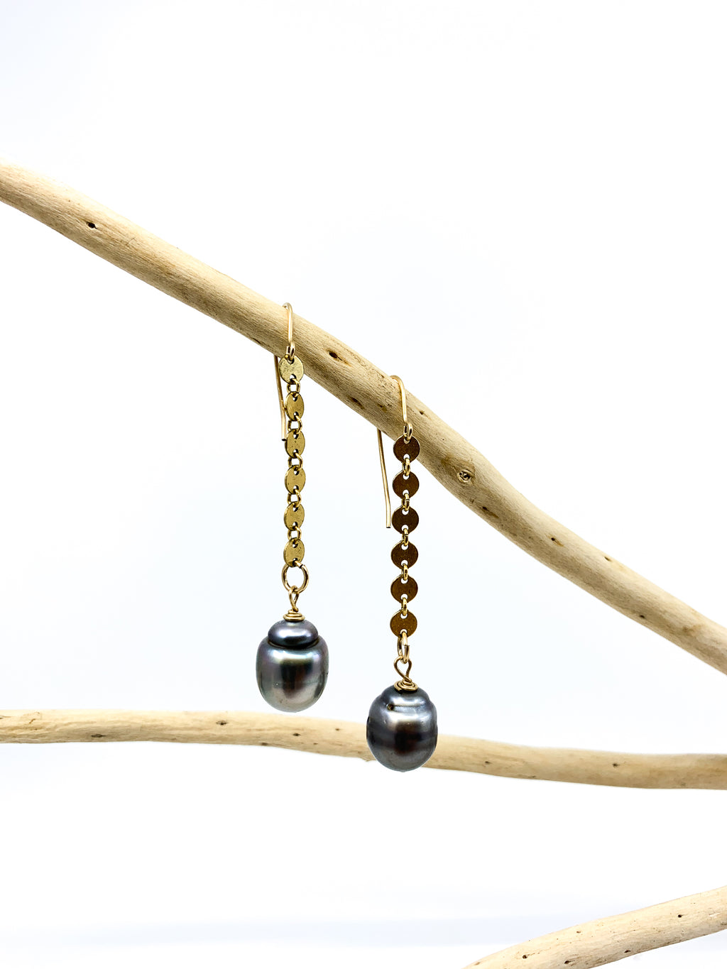 Tahitian pearl earrings with 14 karat gold fill chain by eve black jewelry made in Hawaii