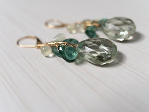 14K gold earrings with green gemstones, tourmaline and apatite, handmade in Hawaii , by eve black jewelry