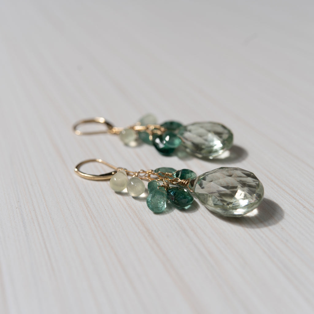 14K gold earrings with green gemstones, tourmaline and apatite, handmade in Hawaii , by eve black jewelry  