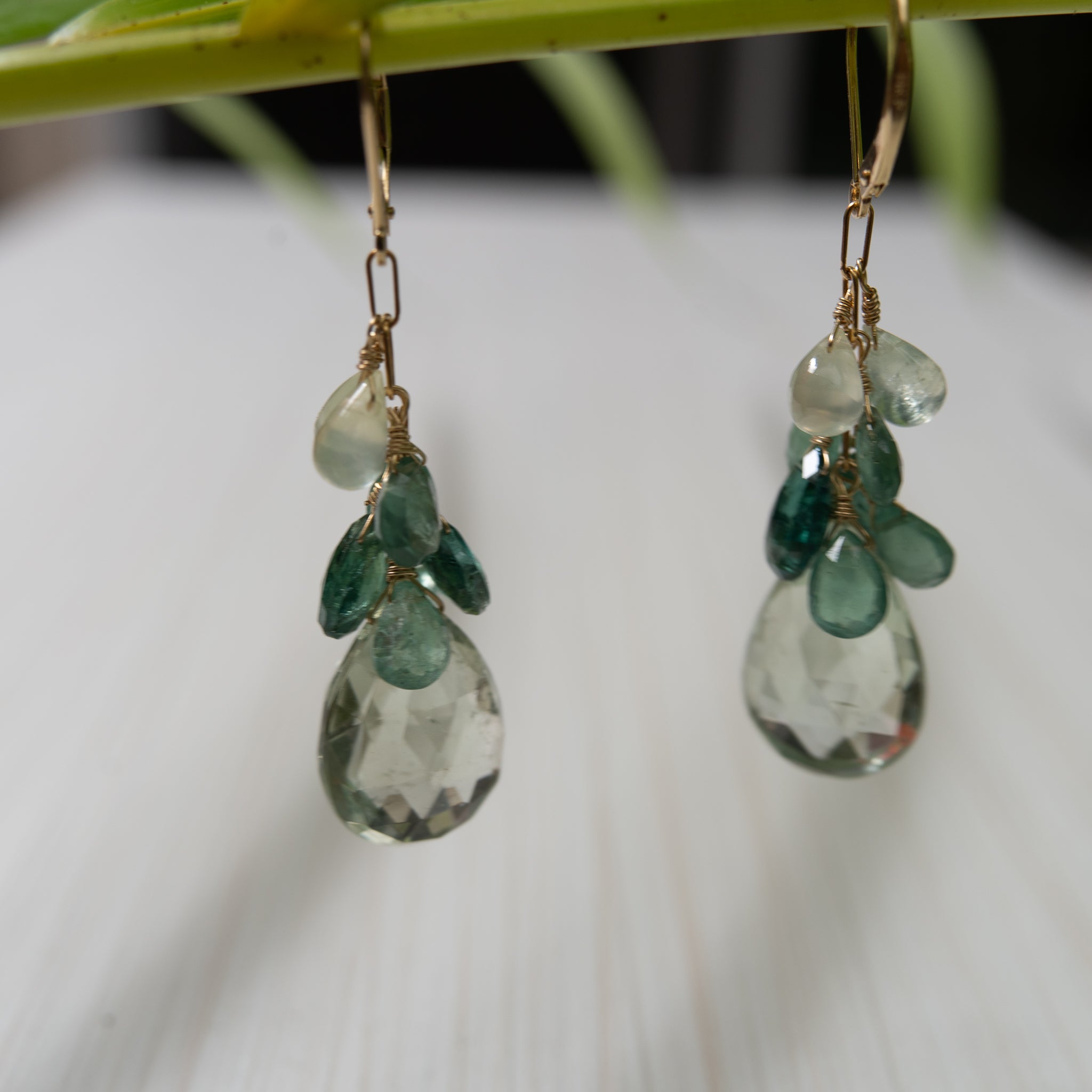 14K gold earrings with green gemstones, tourmaline and apatite, handmade in Hawaii , by eve black jewelry 