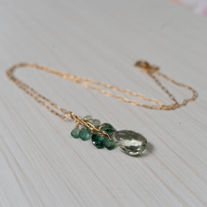 green gemstones necklace with tourmaline, apatite , amethyst , handmade in hawaii, by eve black jewelry