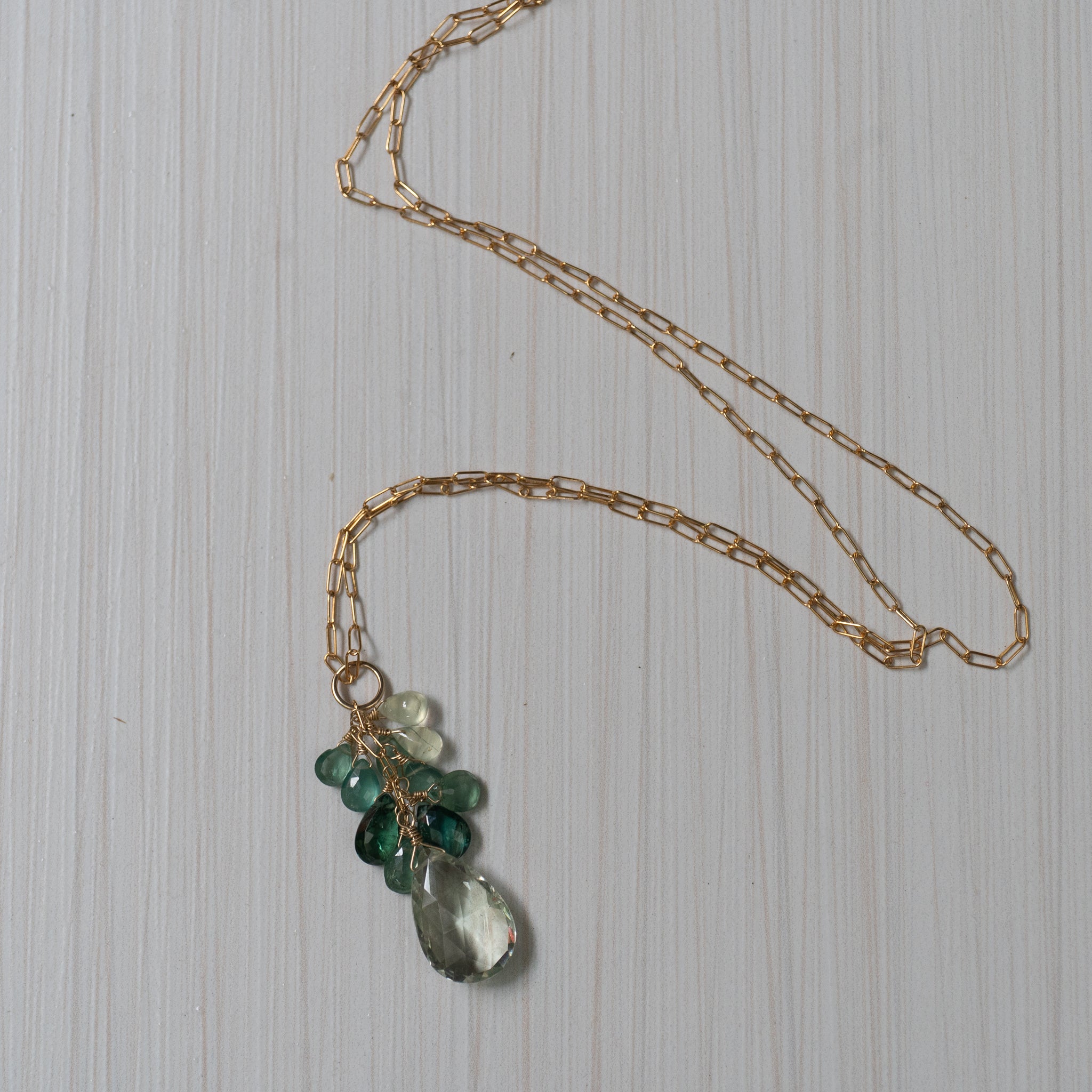green gemstones necklace with tourmaline, apatite , amethyst , handmade in hawaii, by eve black jewelry  