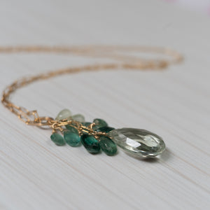 green gemstones necklace with tourmaline, apatite , amethyst , handmade in hawaii, by eve black jewelry 