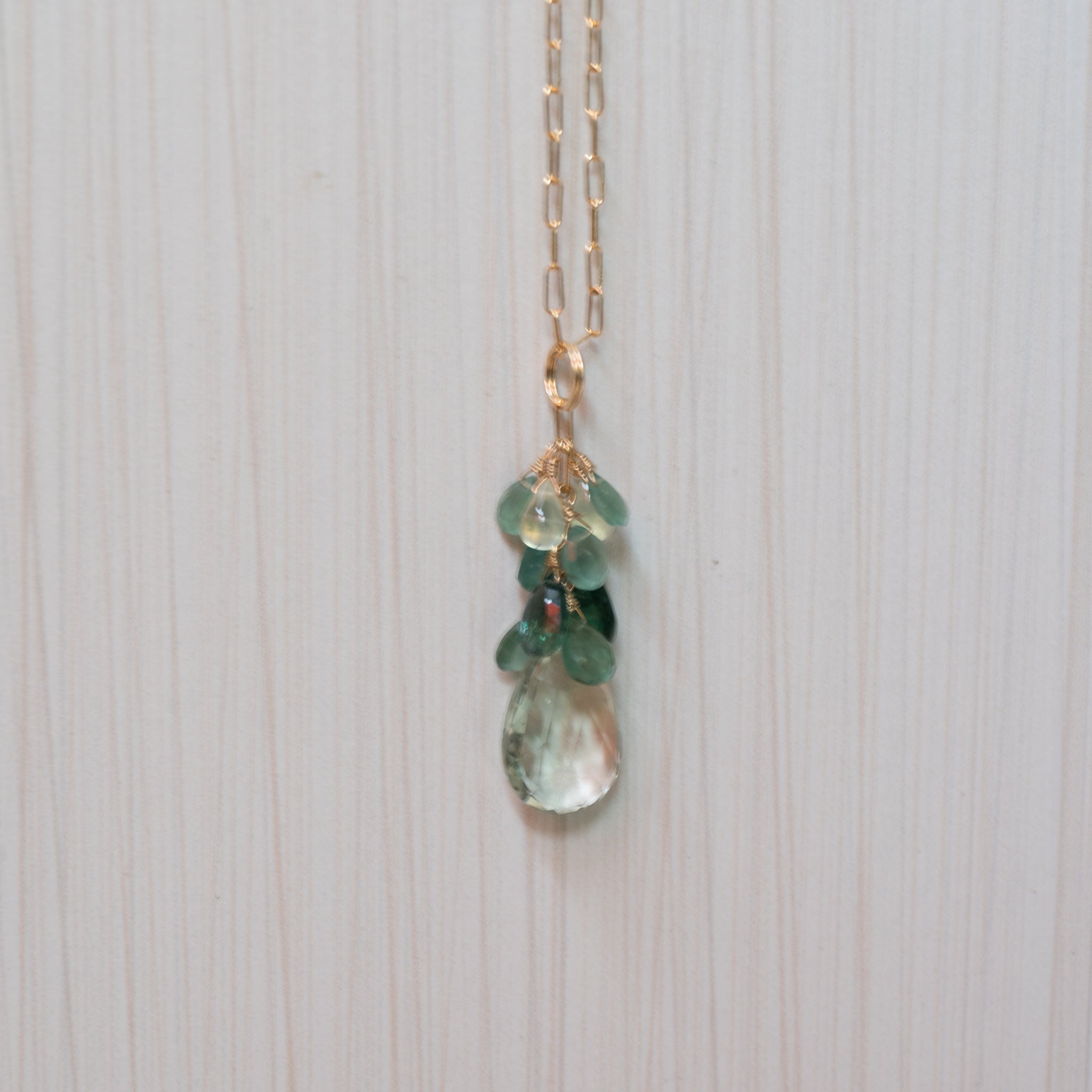 green gemstones necklace with tourmaline, apatite , amethyst , handmade in hawaii, by eve black jewelry  