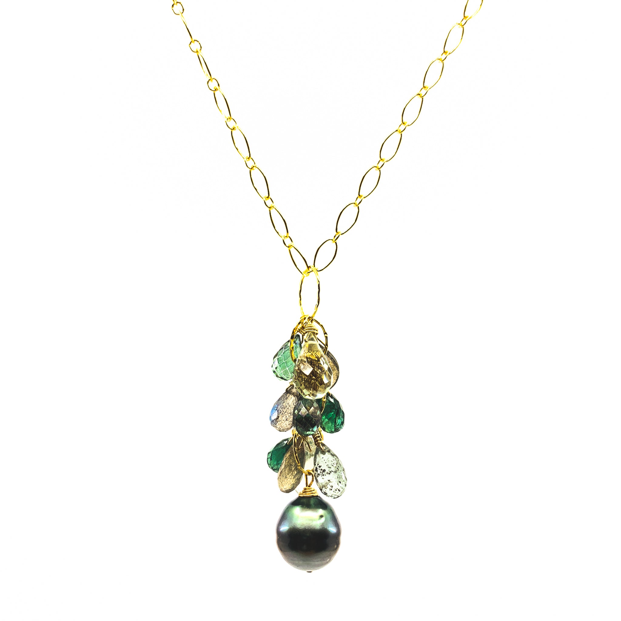 tahitian pearl green gemstones necklace by eve black jewelry made in Hawaii