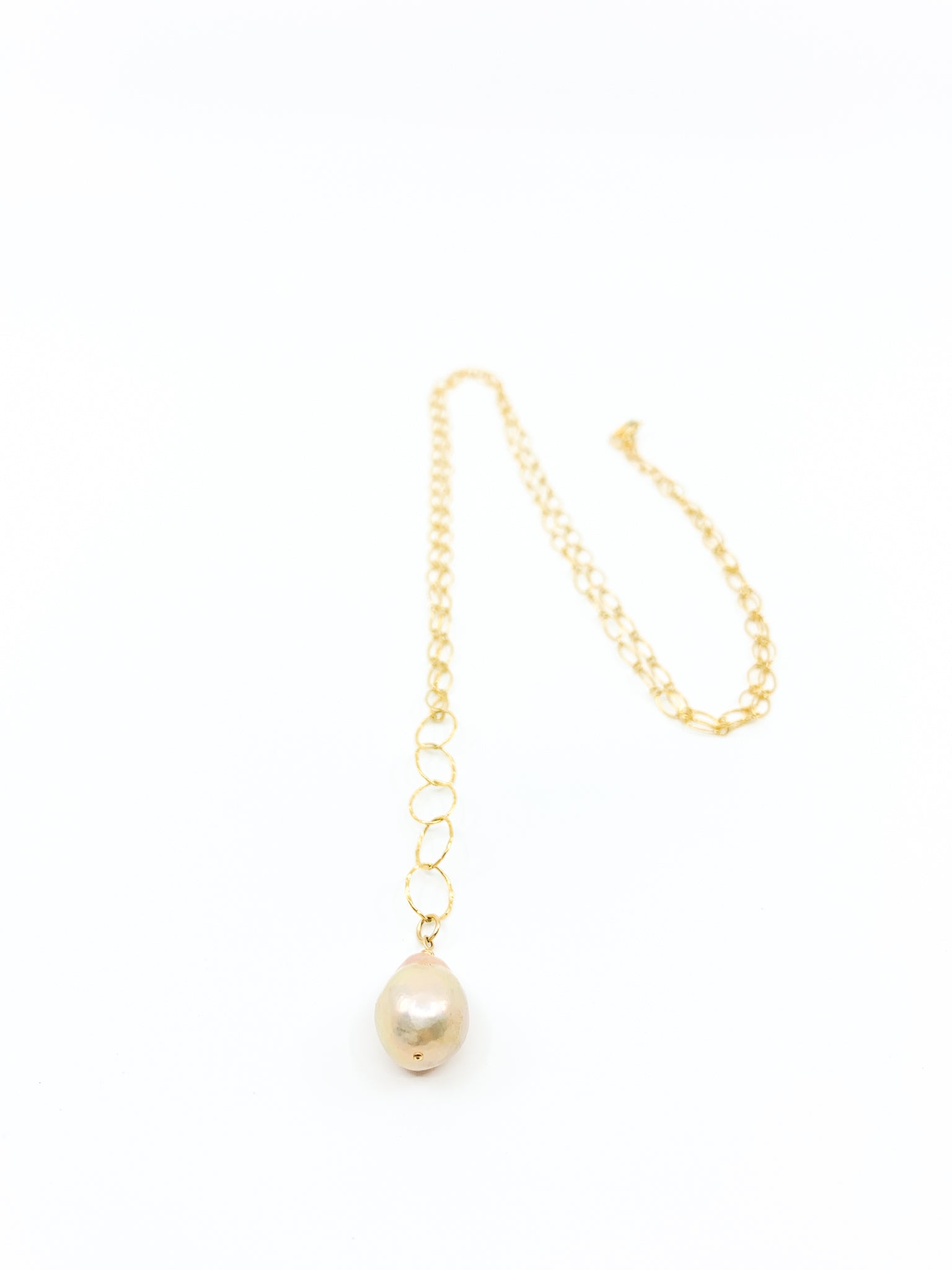 natural pink pearl long gold necklace by eve black jewelry made in Hawaii