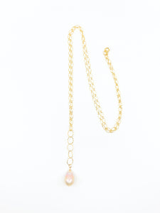 natural pink pearl long gold necklace by eve black jewelry made in Hawaii