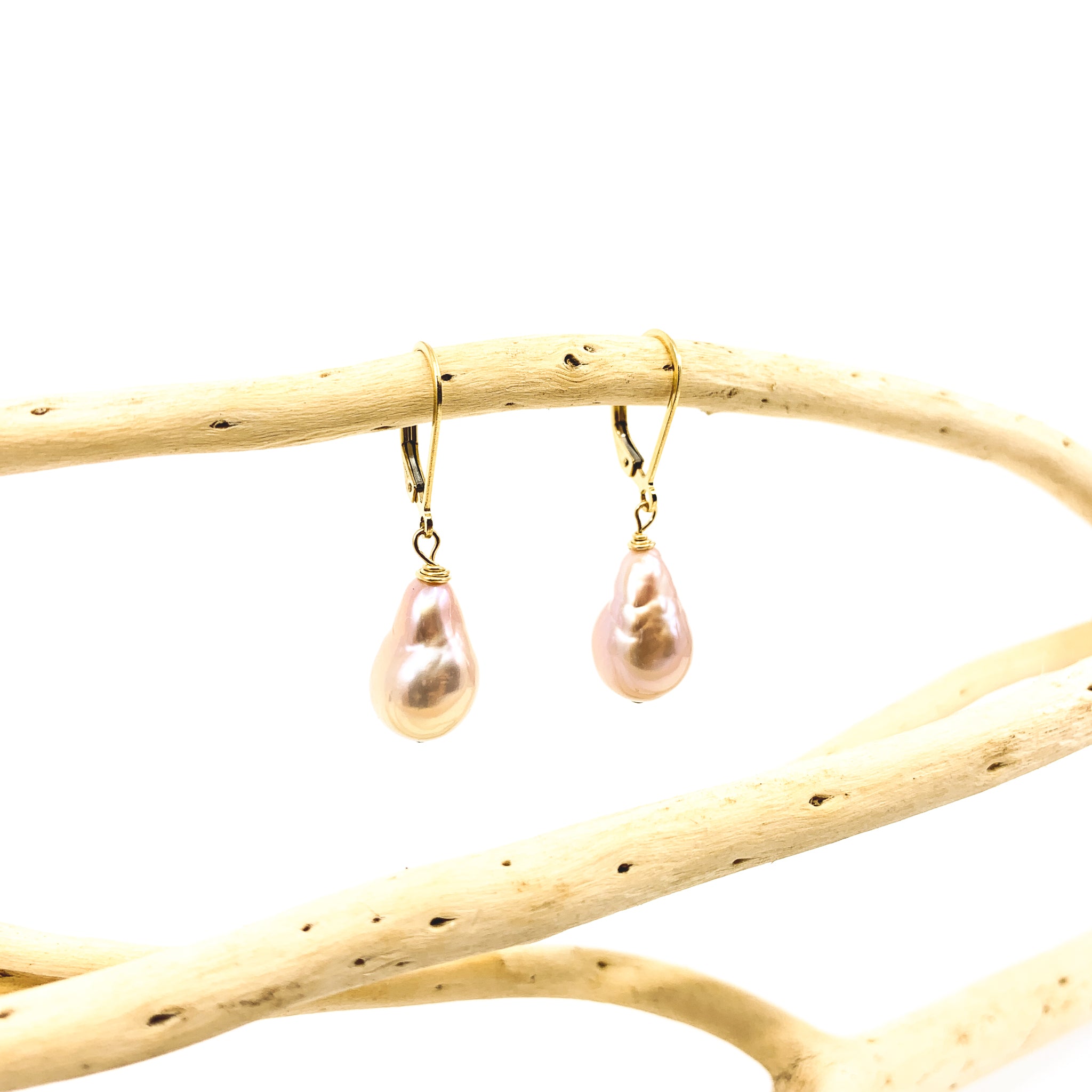 natural pink baroque pearl earrings with safety ear wires by eve black jewelry made in hawaii