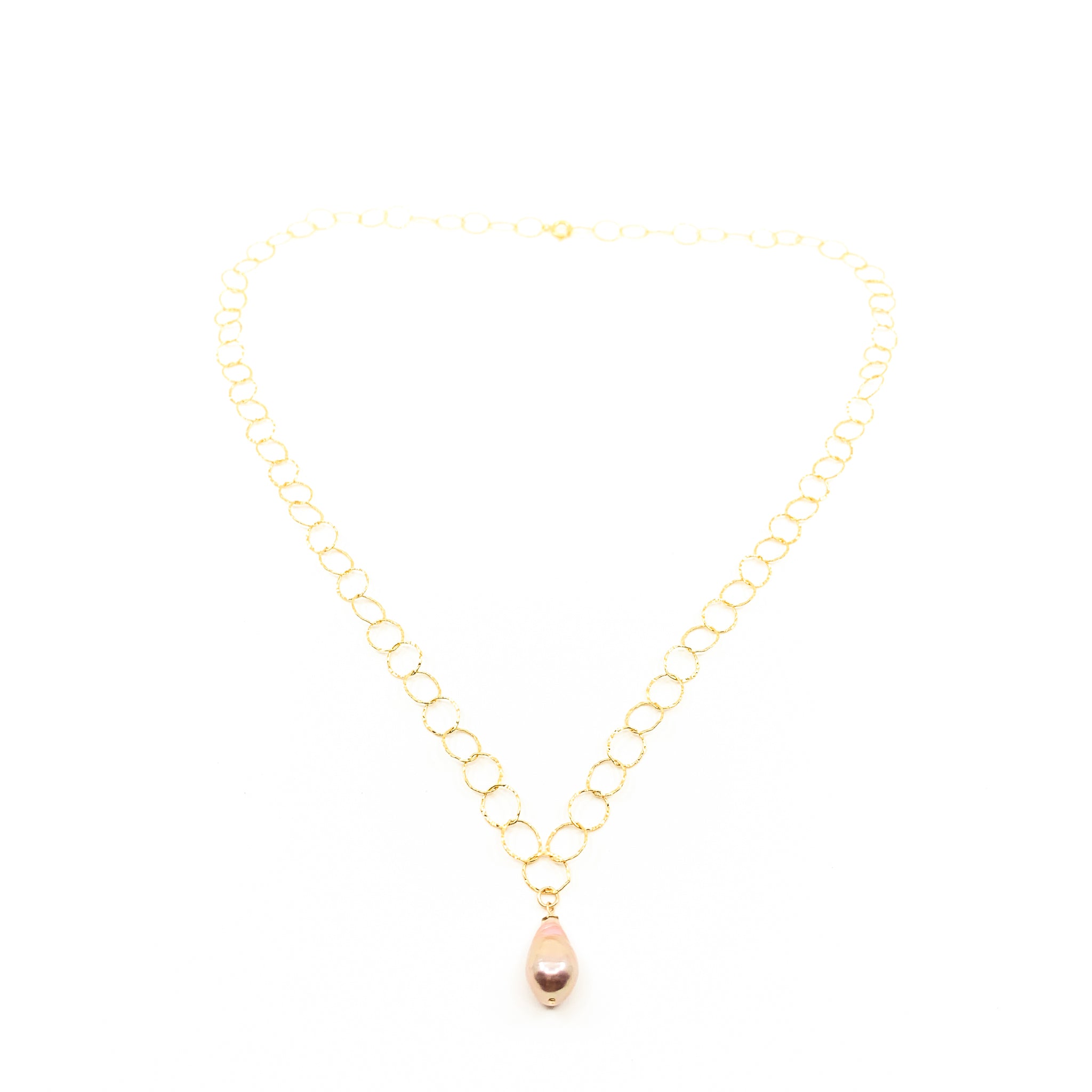 natural pink pearl gold round chain necklace by eve black jewelry made in Hawaii