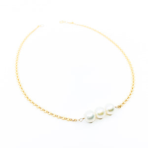 gold disc chain 3 white pearls necklace by eve black jewelry made in Hawaii