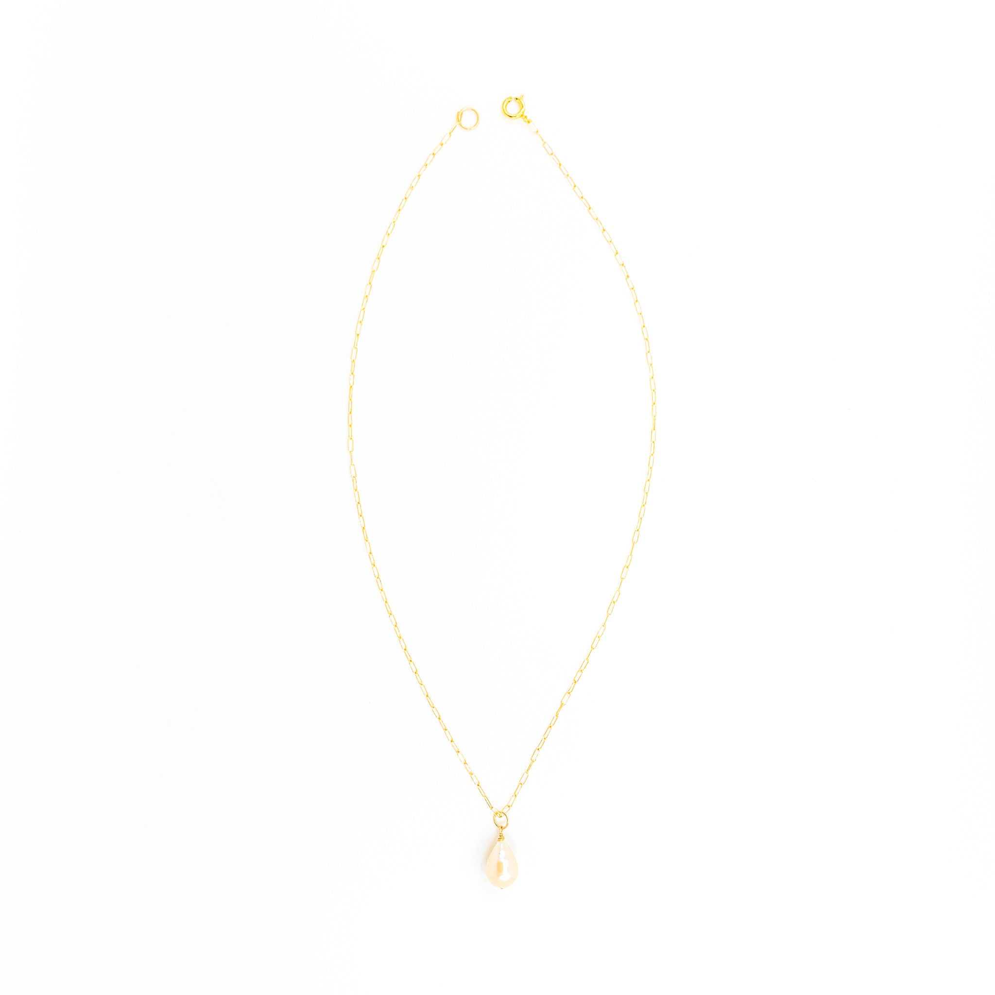 simple gold chain white drop shape pearl necklace by eve black jewelry made in Hawaii  Edit alt text